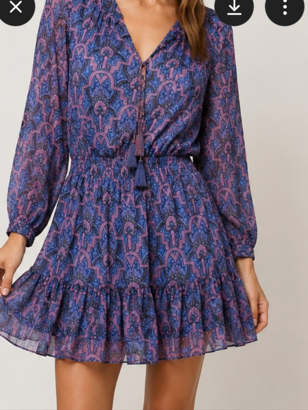 Joie Kleeia Art Deco Silk Mini Dress Blue Purple Boho Smocked Tassel Size M